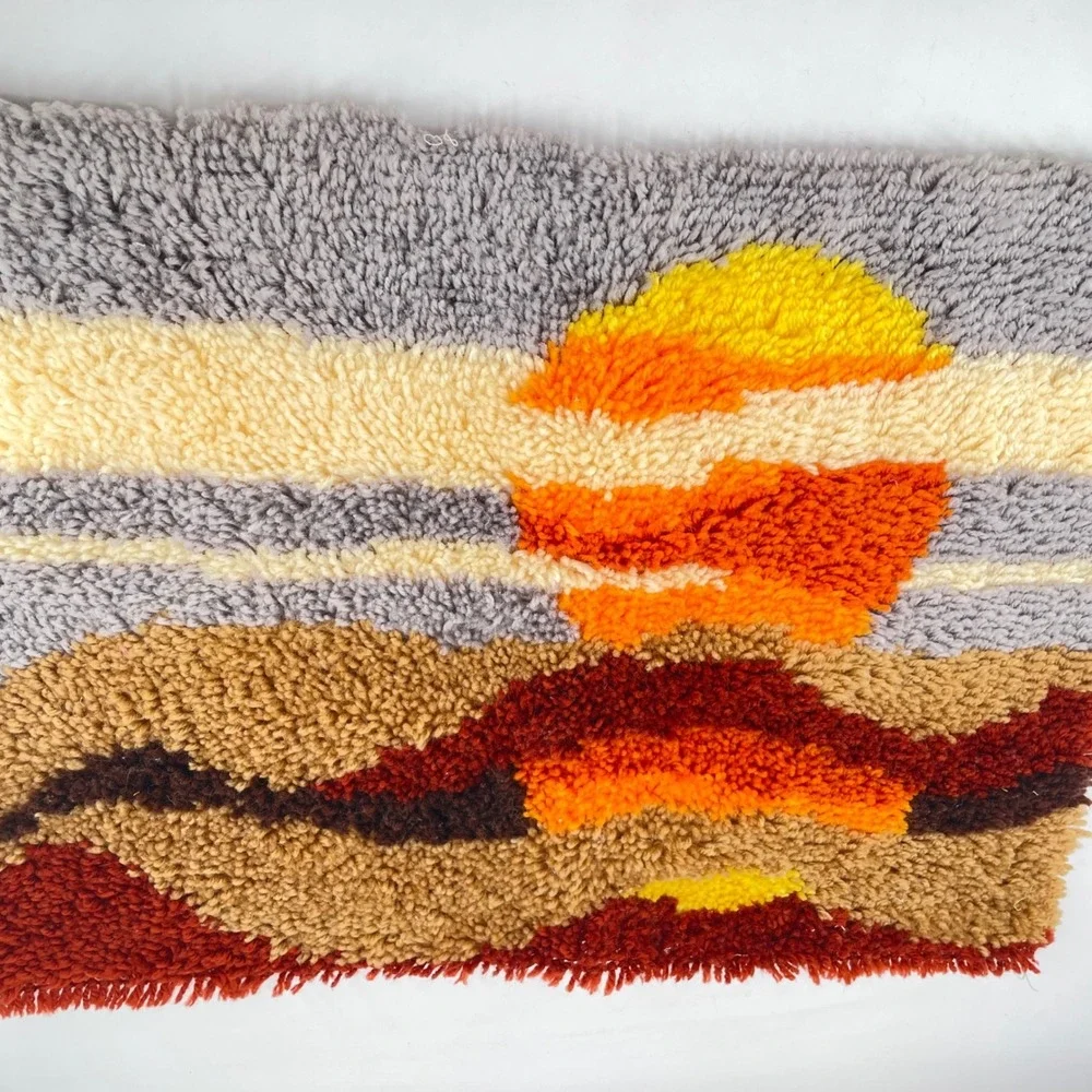 Vtg Latch Hook Wall Hanging Desert Sunset Retro 70s Shag Textile Art 27x20 Boho